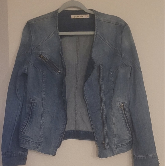 Pistola Denim Moto Jacket with Asymmetrical Zipper. Size Large - Picture 7 of 8